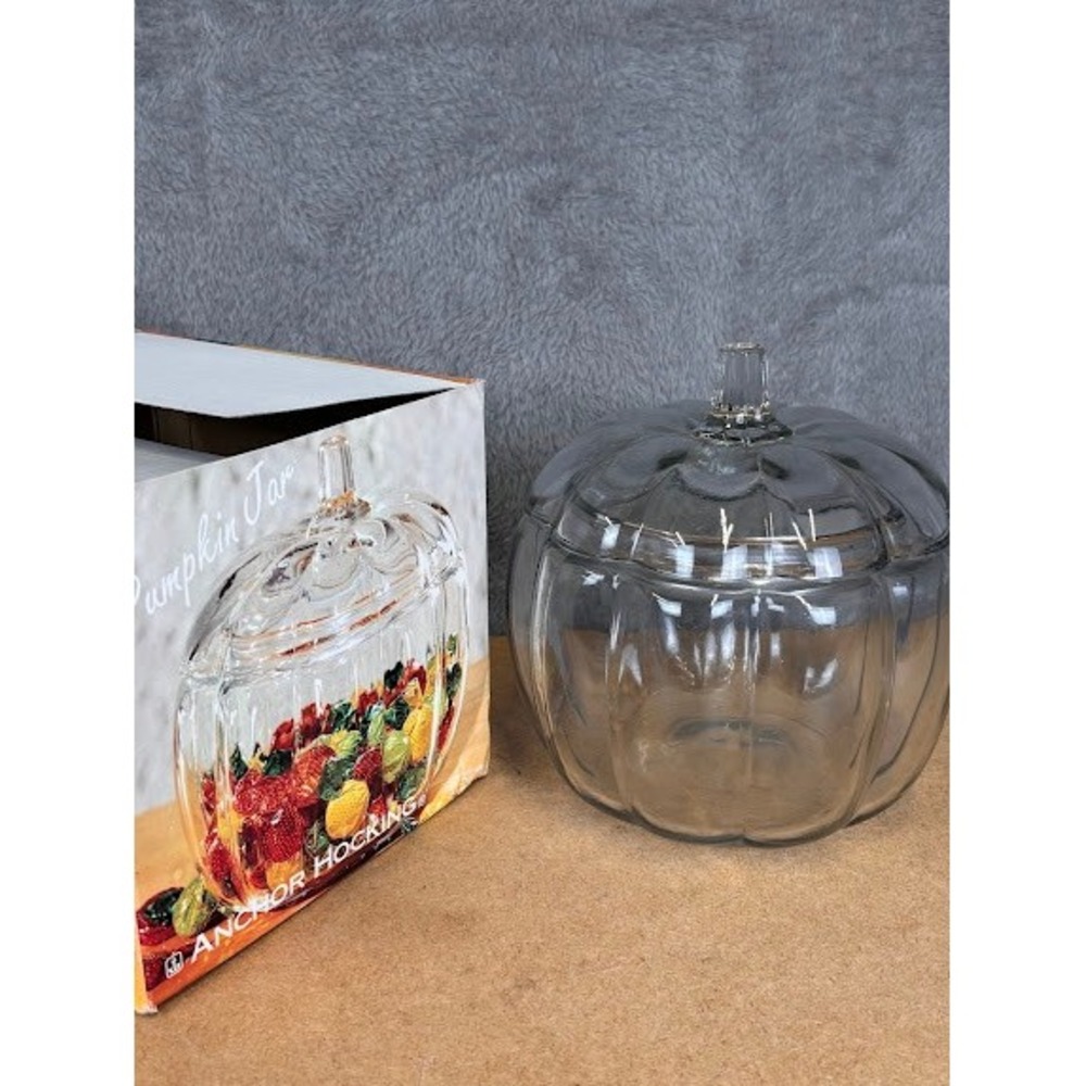 Vintage Anchor Hocking‎ Glass Pumpkin Jar with Lid 70oz Clear Harvest Candy Dish